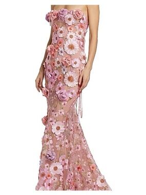Bronx and Banco Pink Floral Strapless Mesh Gown